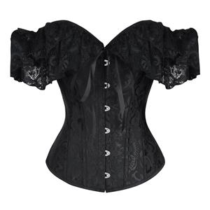 Victorian Gothic Black Jacquard Off Shoulder Floral Lace Plastic Bone Overbust Corset N20249