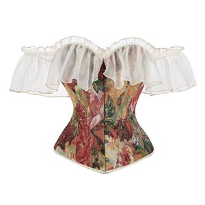 Victorian Gothic Black Jacquard Off Shoulder Floral Lace Plastic Bone Overbust Corset N23924