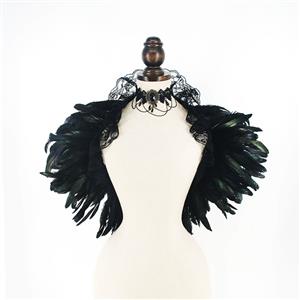 Victorian Gothic Shoulder Armor, Feather Lace-up Shawl, Masquerade Shoulder Armor, Gothic Fashion Shawl, Feather Shoulder Armor, Victorian Gothic Black Feather Lace-up Shawl and Necklace Accessories,#N23234