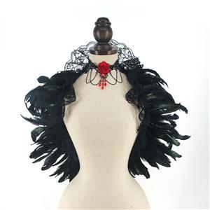 Victorian Gothic Shoulder Armor, Feather Lace-up Shawl, Masquerade Shoulder Armor, Gothic Fashion Shawl, Feather Shoulder Armor, Victorian Gothic Black Feather Lace-up Shawl and Red Rose Necklace Accessories,#N23235