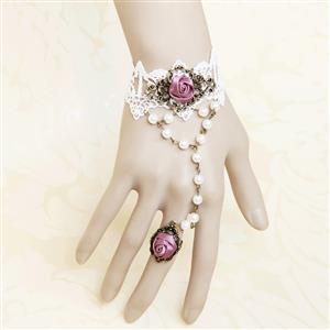 Vintage Bracelet, Gothic Rose Bracelet, Cheap Wristband, Gothic White Lace Bracelet, Victorian Bracelet, Retro White Wristband, Bracelet with Ring, #J18061