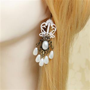 Retro Alloy Earrings, Gothic Style Earrings, Fashion White Floral Lace Earrings for Women, Vintage White Floral Lace Earrings, Casual White Earrings, Victorian Gothic Earrings, Fashion White Lace with Gem and Beads Drop Earrings, #J18412