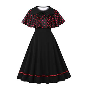 vintage dress set, 2 - piece dress, polka dot cape, Peter Pan collar, black sleeveless dress, A - line skirt, red polka dot, retro fashion, vintage clothing, party dress, tea party outfit, elegant dress, coordinated set, bow - tie cape, hem trim dress #N23931