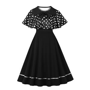 vintage dress set, 2 - piece dress, polka dot cape, Peter Pan collar, black dress, sleeveless A - line dress, white polka dot, retro fashion, vintage clothing, party dress, cocktail outfit, elegant dress, coordinated set, bow - tie cape, hem trim dress #N23934