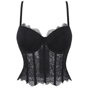 black corset top, sheer mesh corset, lace bustier, boned bodice, adjustable spaghetti straps, front clasp top, lingerie inspired top, women