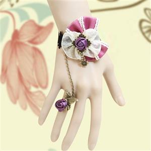 Vintage Bracelet, Vintage Purple Rose Bracelet, Cheap Wristband, Gothic Bowknot Bracelet, Victorian Black Lace Bracelet, Retro Black Wristband, Bracelet with Ring, #J18083