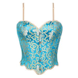 Vintage Blue Bustier Corset with Golden Floral Print, Front Lace-Up & Adjustable Straps N23830