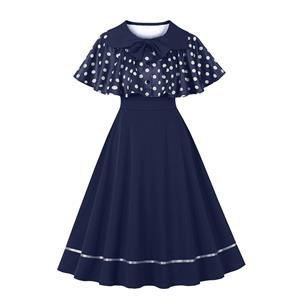 Elevate your vintage style with this 2-piece Polka Dot & Navy Blue Dress Set. Includes a Peter Pan collar cape with white polka dots and bow-tie, plus a sleeveless navy A-line dress with matching white hem trim. Perfect for garden parties, vintage events, or everyday elegance. Wear the cape alone or as a full set for a timeless look. #N23933