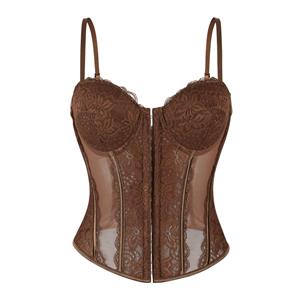 Brown Elegant Corset​​ - Vintage Lace Bustier with Front Zipper N23793