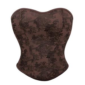 Vintage Brown Landscape Print Corset with Lace-Up Back, Strapless Bustier Top N23829