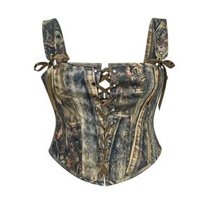 vintage corset top, camo lace-up top, adjustable shoulder straps, waist training corset, military style top, bow accent clothing, distressed camo print, feminine edgy top, casual corset fashion, night out bodice #N23777