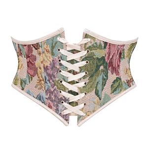 Waist Cincher, Front Lace-Up Corset, Embroidered Corset Belt, Vintage Waist Trainer, Back Zipper Closure, Adjustable Corset, Floral Embroidery, Satin Ribbon Lacing, Boned Cincher, Cream Corset Belt, Retro Shapewear, Body Shaper, Decorative Corset, Overbust Waist Trainer, Special Occasion Belt #N23874