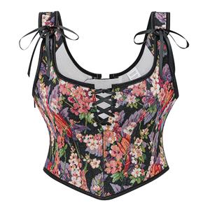 Vintage Floral Corset Top - Adjustable Lace-Up Bustier with Bow Straps for Women N237840