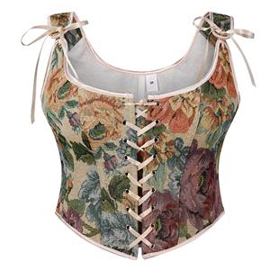 Vintage Floral Corset Top - Adjustable Lace-Up Bustier with Square Neckline N237842