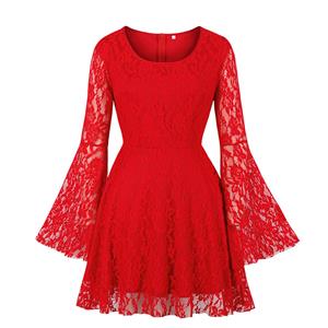 French Maiden Long Sleeve Dresses, Cute Summer Swing Dress, Retro Floral Lace Dresses for Women 1960, Vintage Dresses 1950