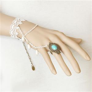 Vintage Bracelet, Gothic Bracelet, Cheap Wristband, Vintage White Lace Bracelet, Victorian White Bracelet, Retro Wristband, Bracelet with Ring, #J17828