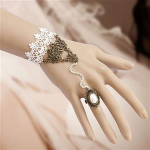 Vintage Bracelet, Gothic Bracelet, Cheap Wristband, Vintage White Lace Bracelet, Victorian White Bracelet, Retro Wristband, Bracelet with Ring, #J17832