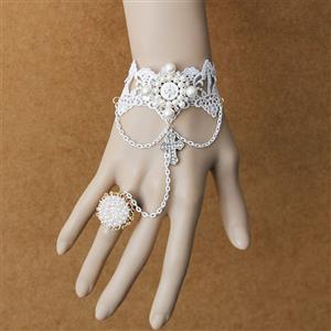 Vintage Bracelet, Gothic Bracelet, Cheap Wristband, Vintage White Lace Bracelet, Victorian White Bracelet, Retro Wristband, Bracelet with Ring, #J17830