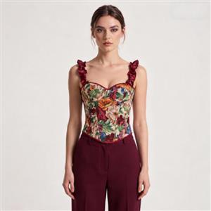 corset, floral print, red ruffle straps, back lace-up, vintage style, sweetheart neckline, cropped top, tapestry pattern, romantic, edgy, party wear, date night, boned bustier, feminine, statement piece #N23930