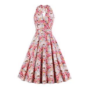 Cute Summertime Floral Print A-line Swing Dress, Retro Backless Dresses for Women 1960, Vintage Dresses 1950