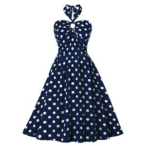 Vintage Sweetheart Neck Halter Backless Polka Dots Knee-length Summer Day Swing Dress N21753
