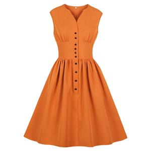 Vintage V Neckline Front Buttons Sleeveless High Waist Summer Day Swing Dress N18987