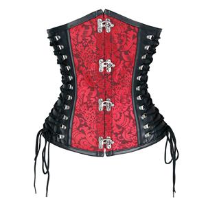 Steampunk Red Jacquard Black PU Panel Steel Boned Cincher Underbust Corset N19392