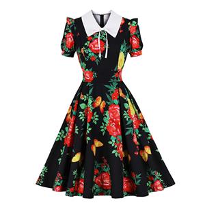 Retro Floral Print Dresses for Women 1960, Vintage 1950