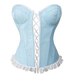 Vintage corset, Light blue bodysuit, Adjustable lace-up back, Floral pattern lingerie, Satin corset top, Hourglass shapewear, Retro lingerie set, Themed party costume, Women