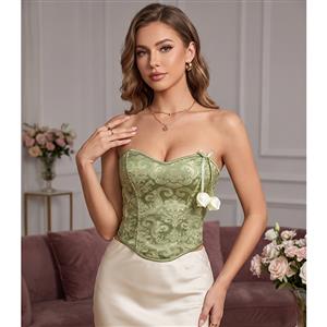 Vintage Olive Green Jacquard Strapless Corset Top  N23960