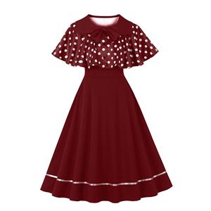vintage dress set, 2 - piece dress, polka dot cape, Peter Pan collar, wine red dress, sleeveless A - line dress, white polka dot, retro fashion, vintage clothing, party dress, cocktail outfit, elegant dress, coordinated set, bow - tie cape, hem trim dress #N23932