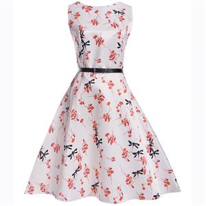 Vintage Dresses for Girls, Floral Print Dress, Sleeveless Dress, Round Collar Dress, Back Zipper Dress, Retro Dresses for Girls, Swing Dress, #N15475