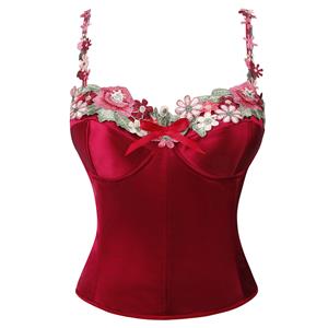 red satin shapewear, vintage corset, floral lace appliqué, adjustable straps, romantic lingerie, Valentine‘s Day gift, wedding shapewear, elegant shapewear, silky elastic fabric, feminine silhouette #N237824