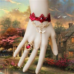 Vintage Bracelet, Retro Golden Heart Bracelet, Cheap Wristband, Gothic Red Bracelet, Victorian Red Lace Bracelet, Retro Red Wristband, Bracelet with Ring, #J18085