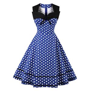 Sleeveless Dress, Sweetheart Neckline Dress, Plus Size Dress, Vintage Dress for Women, Midi Dress, Blue Dot Print Dress, Elegant Dresses for Women, Back Zipper Dress Blue, #N15582