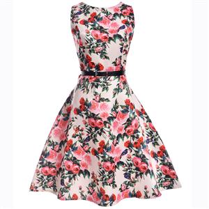 Vintage Dresses for Girls, Floral Print Dress, Sleeveless Dress, Round Collar Dress, Back Zipper Dress, Retro Dresses for Girls, Swing Dress, #N15476