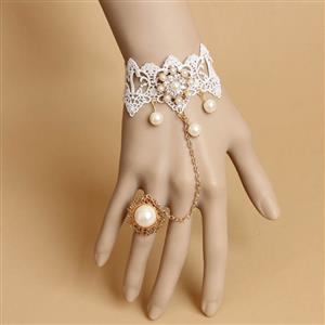 Victorian Vintage Style Bracelet, Vintage Bracelet for Women, Vintage Style White Lace Bracelet, Cheap Pearl Wristband, Victorian Bride Pearl Bracelet, Fashion Bride Bracelet with Ring, #J17843