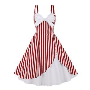 1950s Vintage Striped Sweetheart and Bowknot Bodice Straps Summer Party Swing Dress N22247