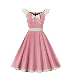 Vintage Pink V Neck Zipper Flying Sleeve High Waist Summer Daily Swing Dress N23142