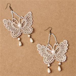 Retro Alloy Earrings, Gothic Style Earrings, Fashion White Butterfly Earrings for Women, Vintage White Floral Lace Earrings, Casual White Earrings, Vicorian Gothic Earrings, Fashion Butterfly and Beads Earrings, #J18393