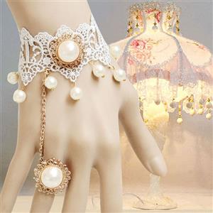 Vintage Bracelet, Gothic Bracelet, Cheap Wristband, Gothic White Lace Bracelet, Victorian Pearl Bracelet, Retro White Wristband, Bracelet with Ring, #J17825