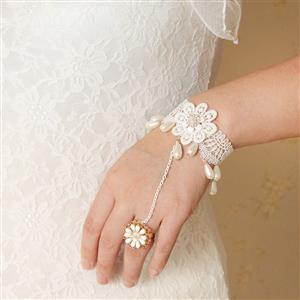 Vintage Bracelet, Vintage Daisy  Bracelet, Cheap Wristband, Gothic White Bracelet, Victorian White Lace Bracelet, Retro White Wristband, Bracelet with Ring, #J18071