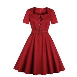 Retro Wine Red Midi Dress, Vintage Dresses for Women, Sexy Dresses for Women Cocktail Party, Vintage High Waist Dress, Short Sleeves Swing Dress, High Waist Short Sleeves Swing Daily Dress, Vintage Wine Red Party Dress, #N18491