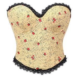 Vintage Polka Dot Floral Corset Top, Strapless Bustier with Black Lace Trim and Front Tie Detail N23833