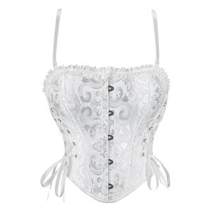 white corset top, jacquard bustier, ruffle trim corset, adjustable strap corset, lace-up back bustier, victorian corset, gothic waist cincher, vintage corset top, party corset, cosplay bustier, wedding corset, hourglass corset, white bustier, hook closure corset, ribbon tie corset #N23892
