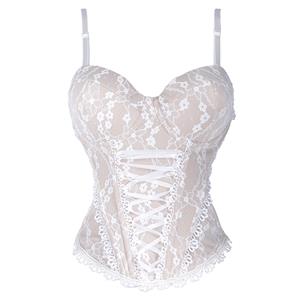 White Lace Corset Bustier with Front Lace-up & Adjustable Straps N23929