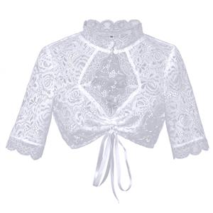 white lace bolero, high neck shrug, cropped cardigan, tie bow jacket, floral lace top, semi-sheer cover up, elegant shrug, wedding bolero, formal wear jacket, lace shrug, short sleeve bolero, delicate lace top, bridal cover up, party bolero, feminine jacket #N23914