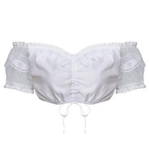 white off-shoulder top, puff sleeve crop top, lace trim top, front tie top, smocked hem top, romantic blouse, summer crop top, feminine top, white boho top, trendy top, casual summer top, beach cover up, stylish blouse, elastic waist top, cute shirt #N23917