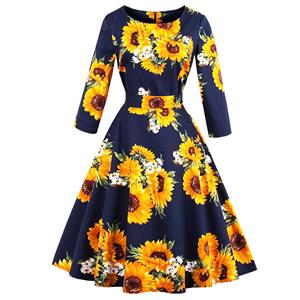 3/4 Length Sleeve, Vintage Dress for Women, Fashion Dresses for Women Cocktail Party, Casual Swing Dress, Round Neck Swing Dress, 50s Vintage Dresses, #N14726 