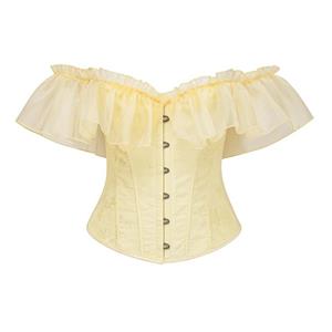 Yellow off-the-shoulder corset,Floral embroidery corset,Ruffle trim design,Women